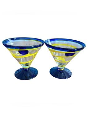 Kosta Boda Swedish Art Glass Martini Glasses Blue Yellow Swirl Handblown Set/2